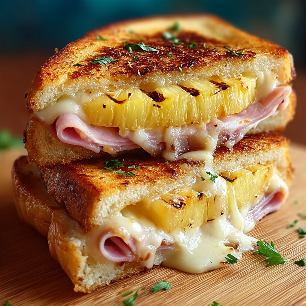 A sandwich with ham and pineapple on a wooden table.