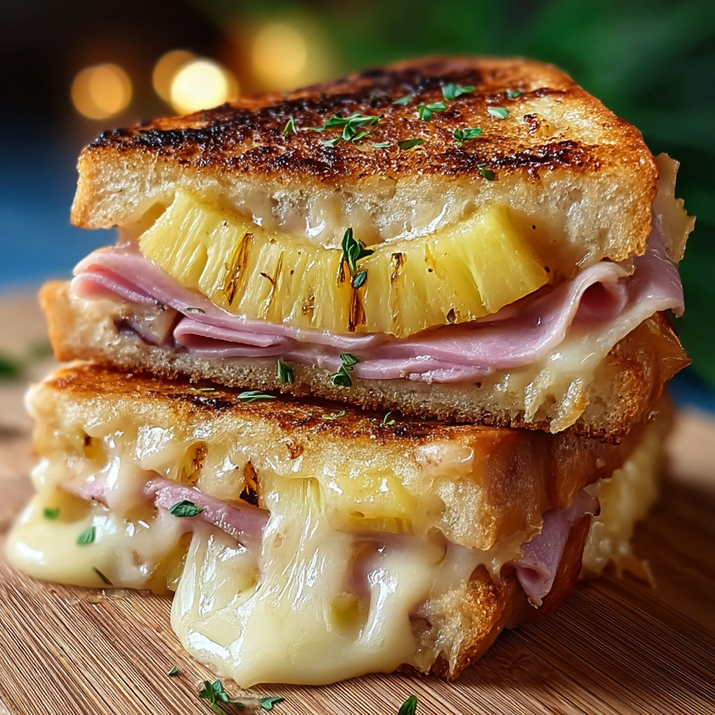 A sandwich with ham and pineapple on it.