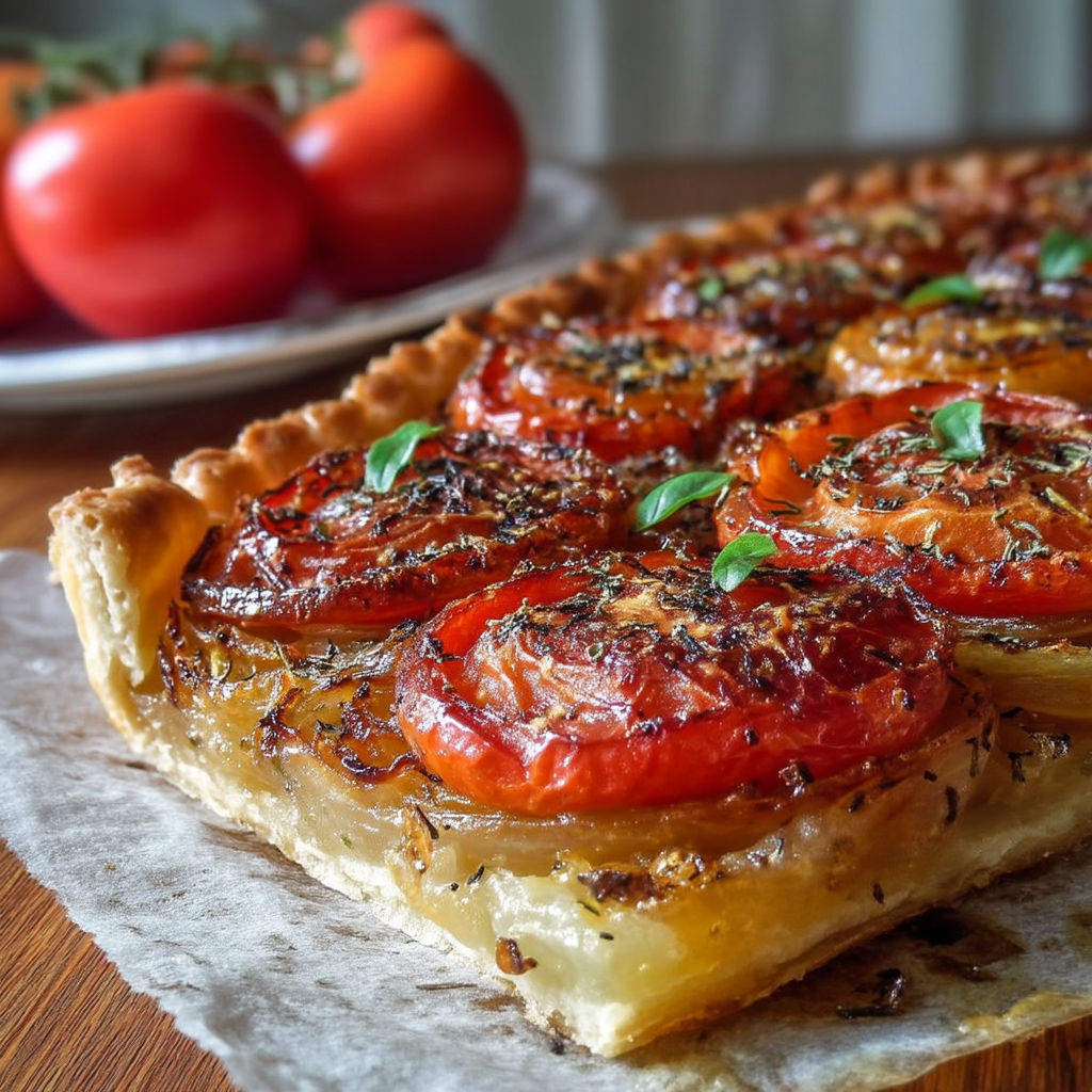 A slice of pizza with tomatoes and basil.