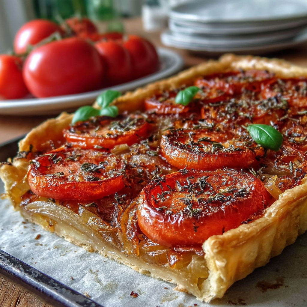 A close up of a pie with tomatoes and herbs.