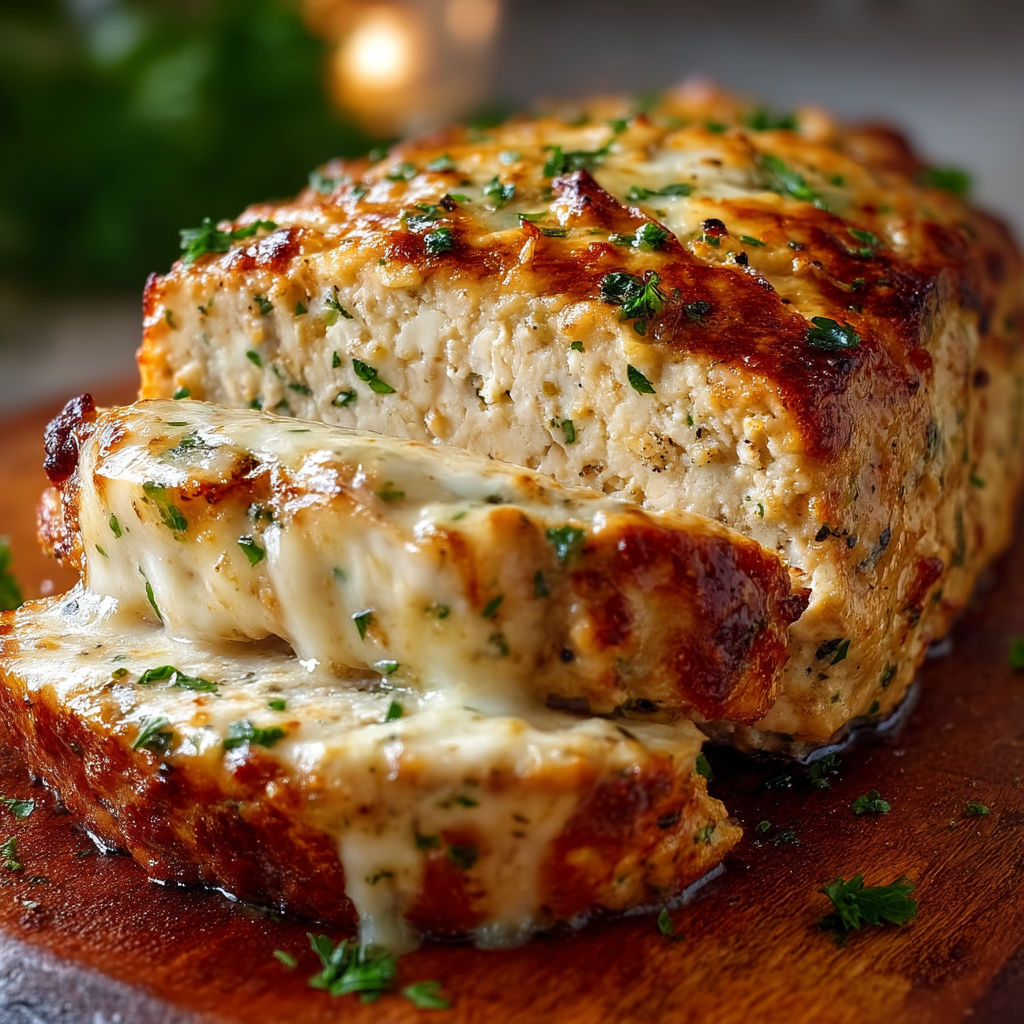 A piece of chicken with cheese and herbs on it.
