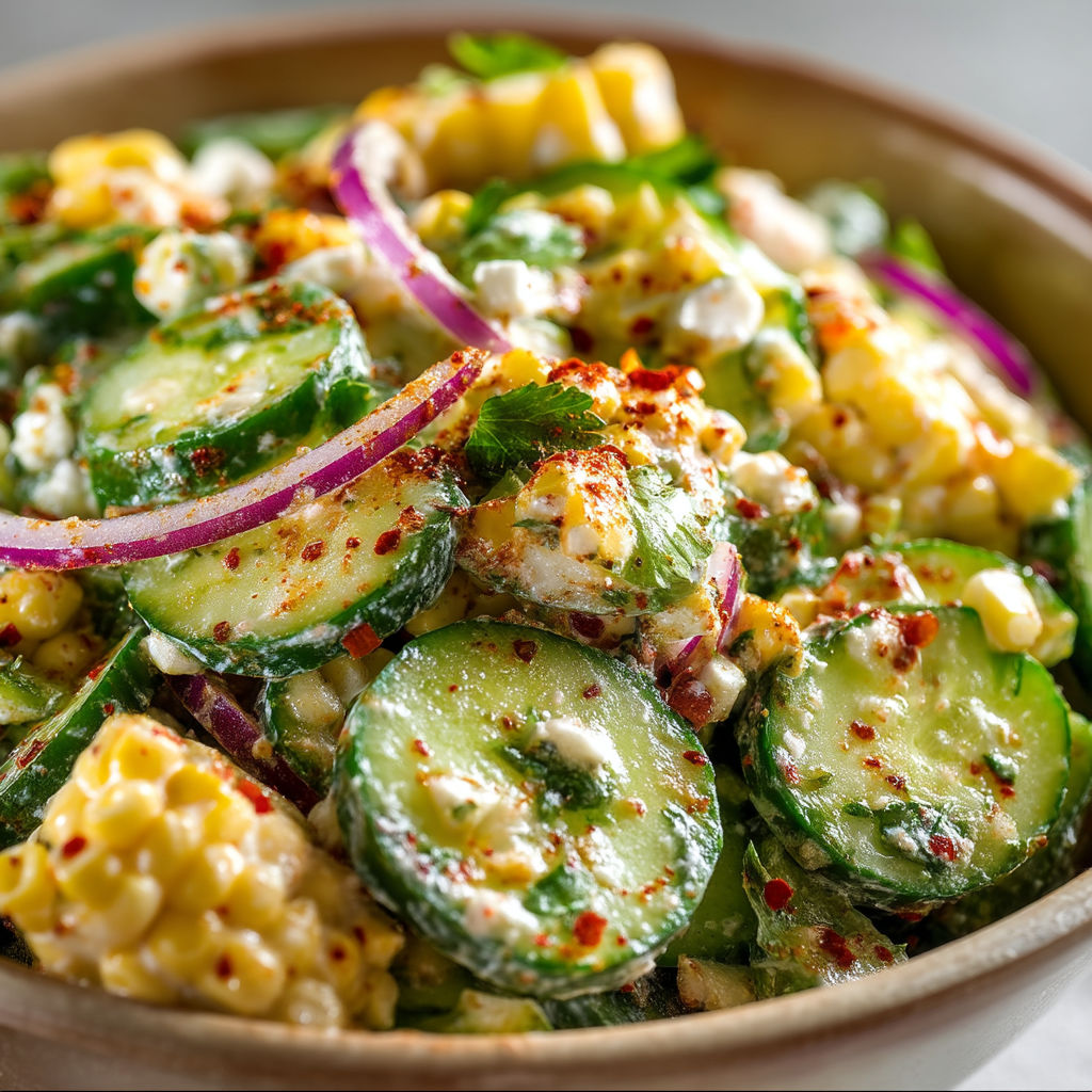 A bowl of food with corn, cucumbers, and cheese.
