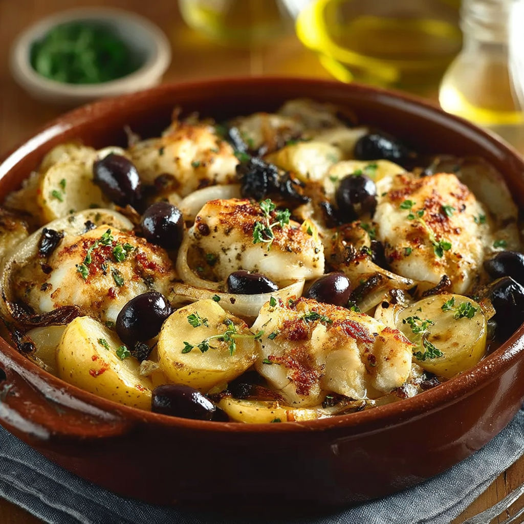 A bowl of food with olives and potatoes.
