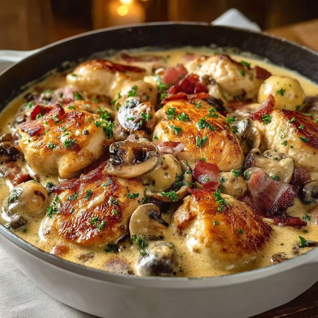 A dish of chicken with mushrooms and bacon.