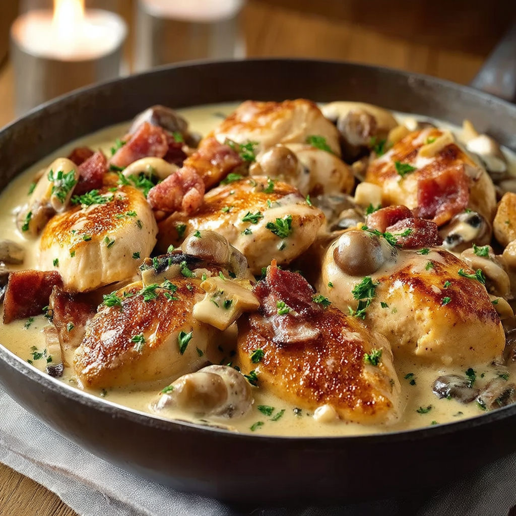 A pan of chicken with mushrooms and bacon.