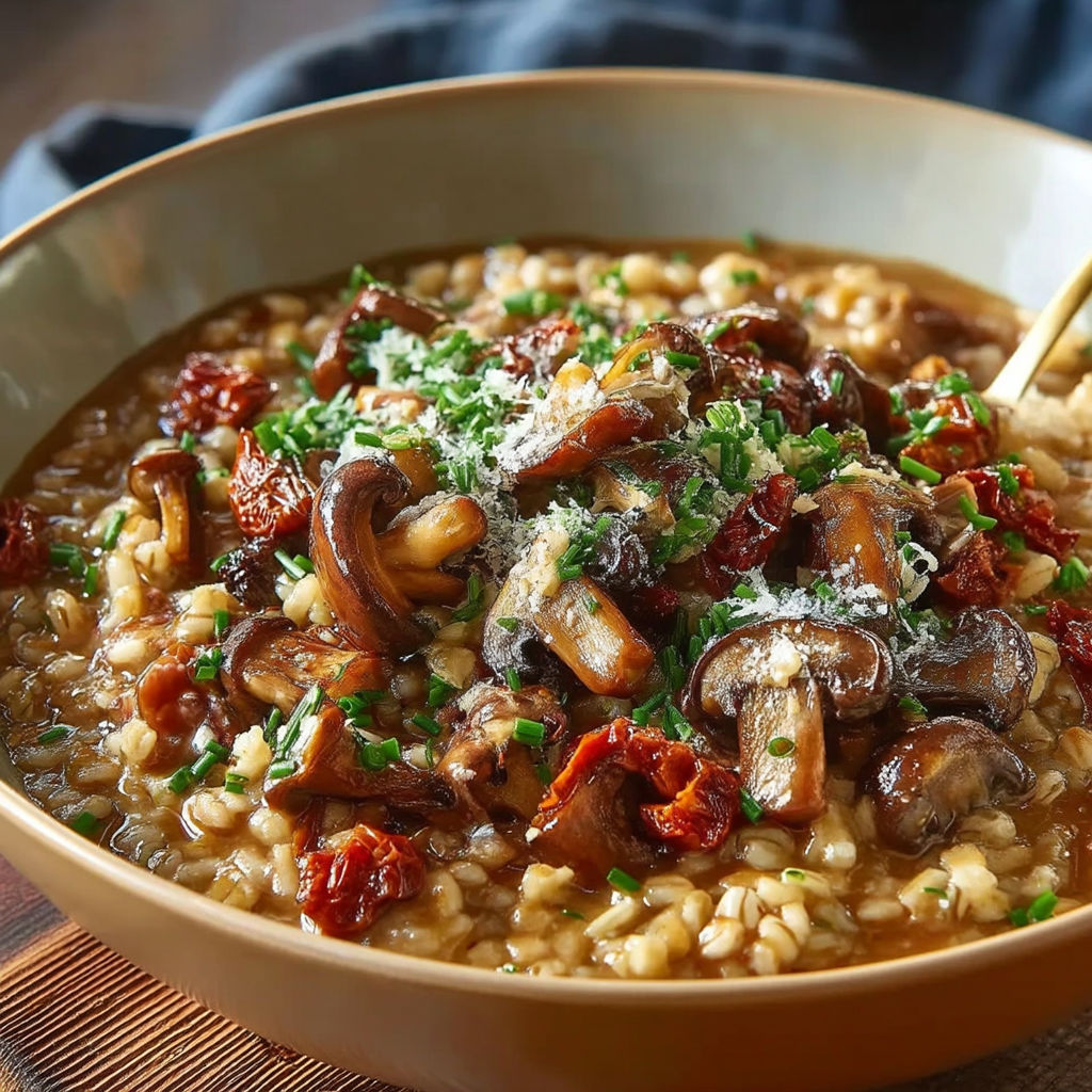 A bowl of food with mushrooms and cheese.