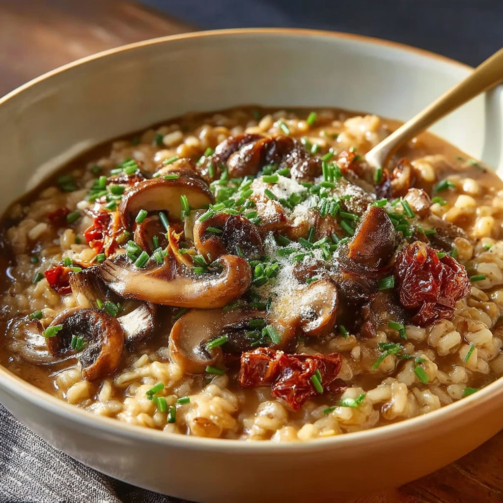 A bowl of rice with mushrooms and cheese.