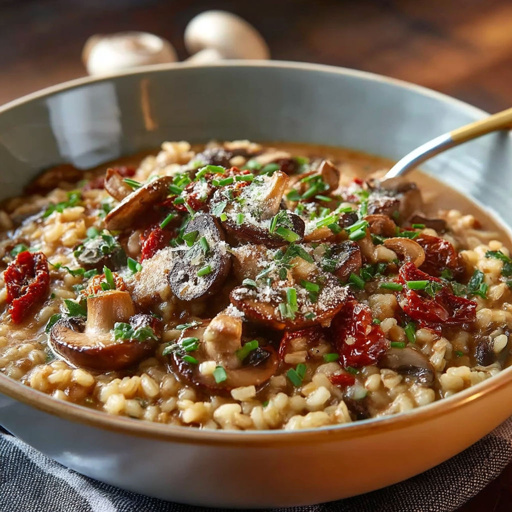 A bowl of food with mushrooms and rice.