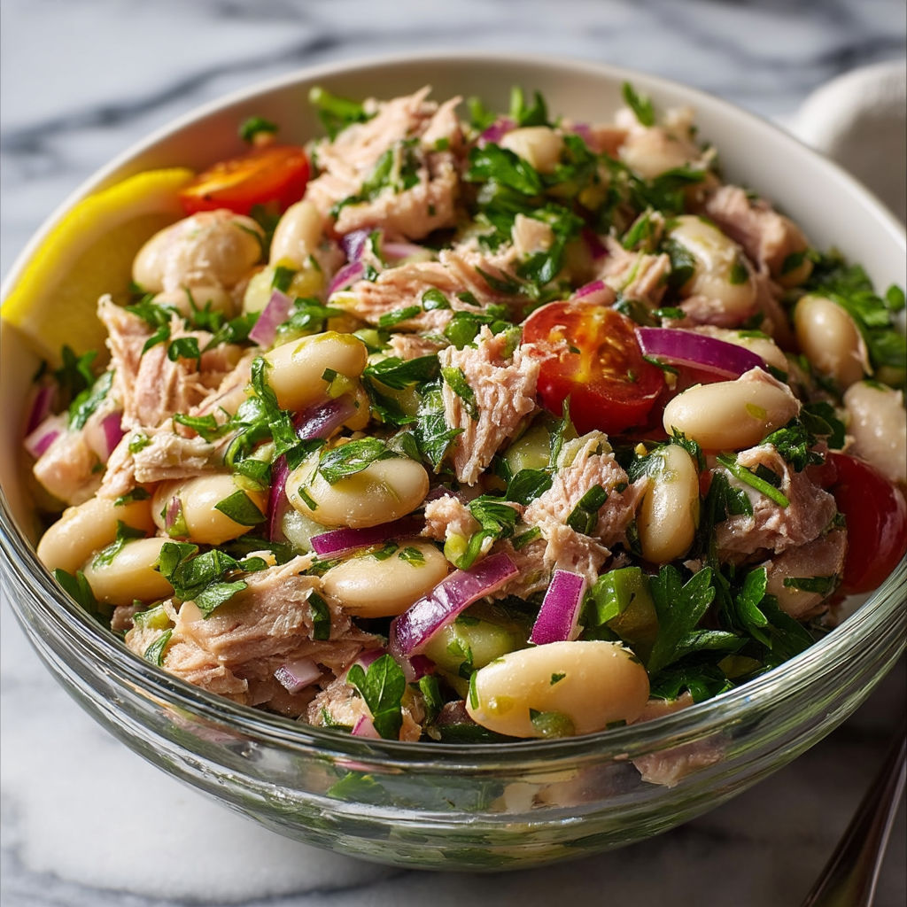 A bowl of salad with chicken, beans, tomatoes, and onions.