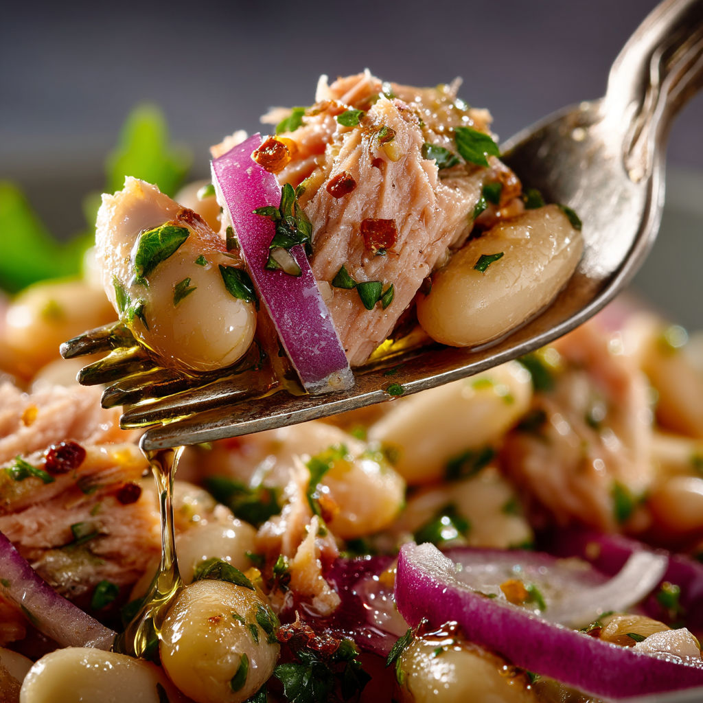 A fork is being used to eat a meal with beans, onions, and meat.