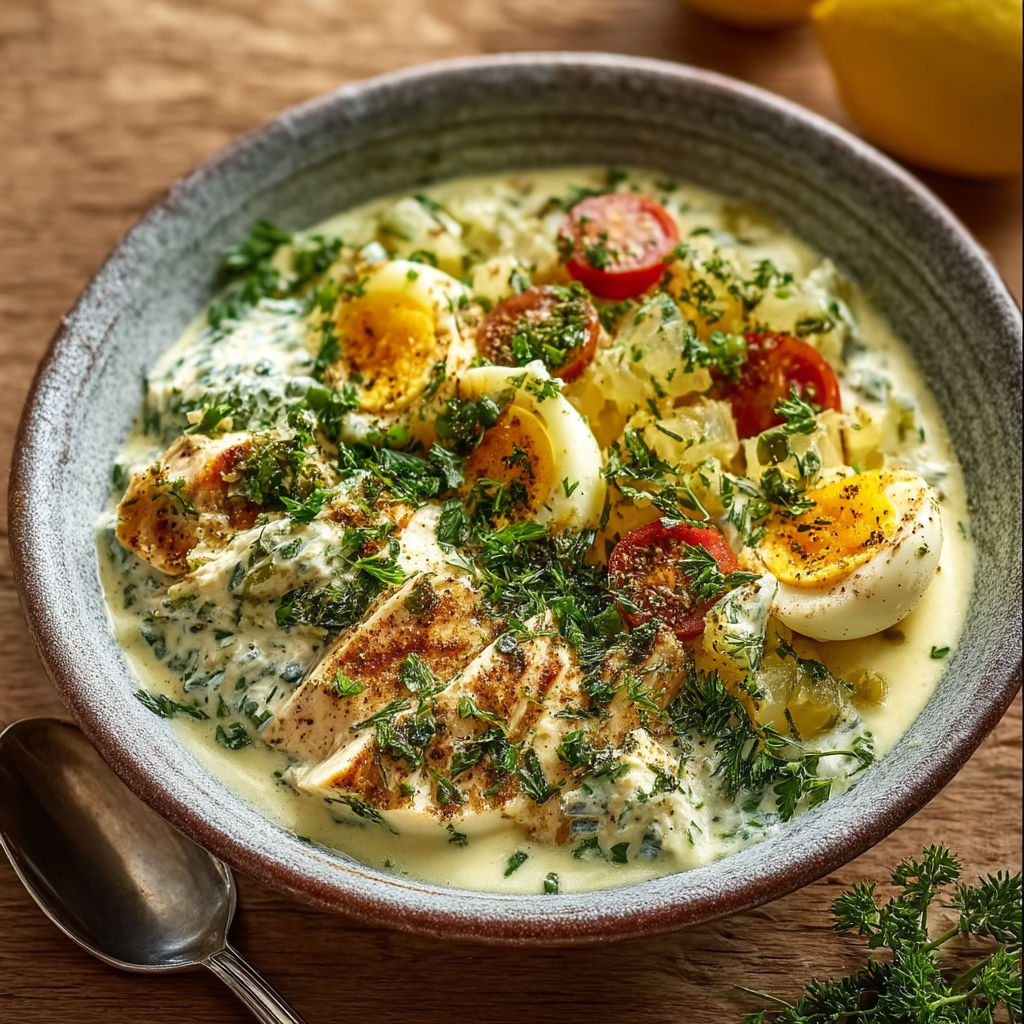 A bowl of soup with chicken, tomatoes, and herbs.