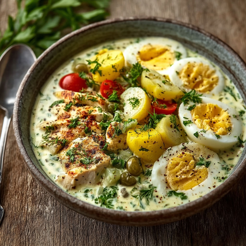 A bowl of soup with chicken, tomatoes, and eggs.