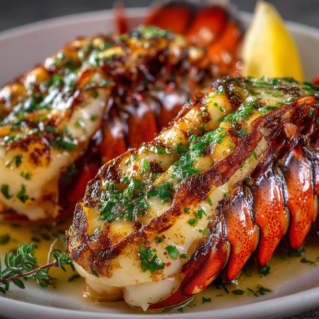 A plate of grilled lobster with herbs.