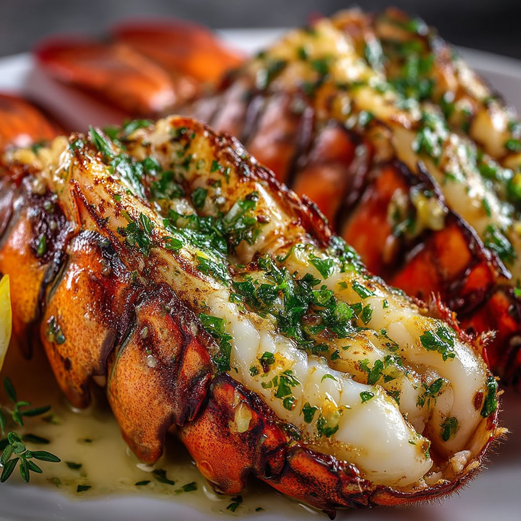 A plate of cooked lobster with herbs and spices.