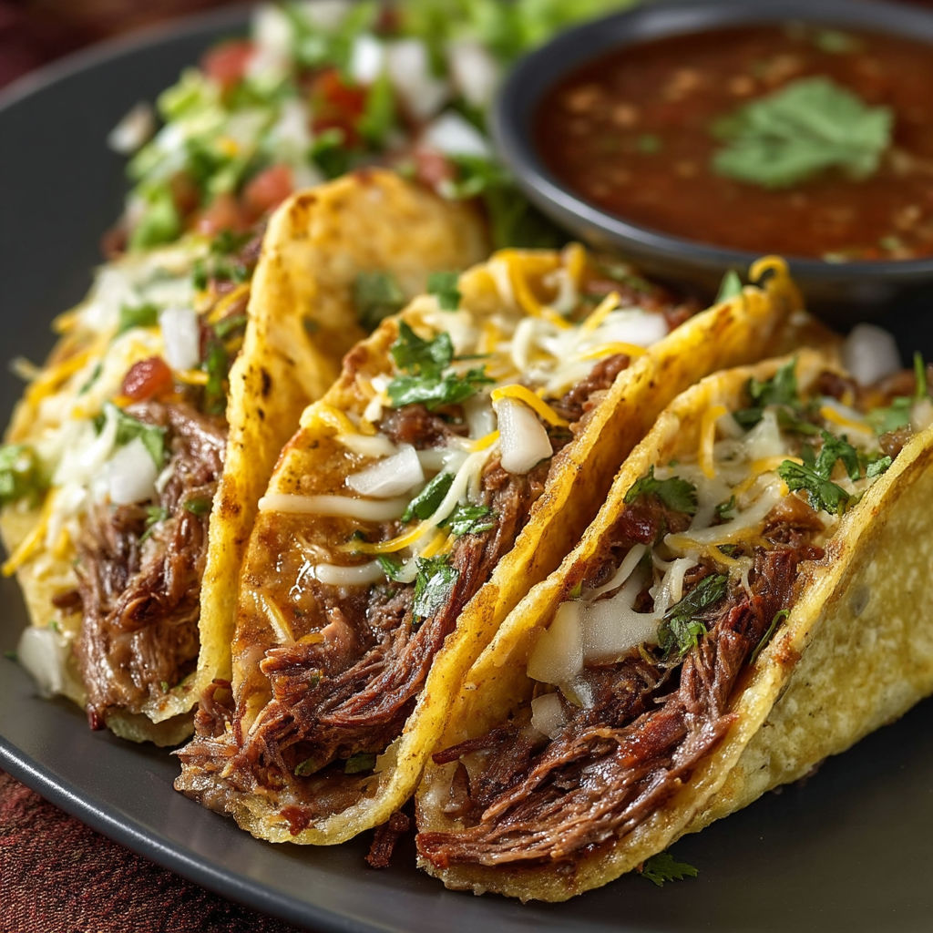 Two tacos with meat and cheese.