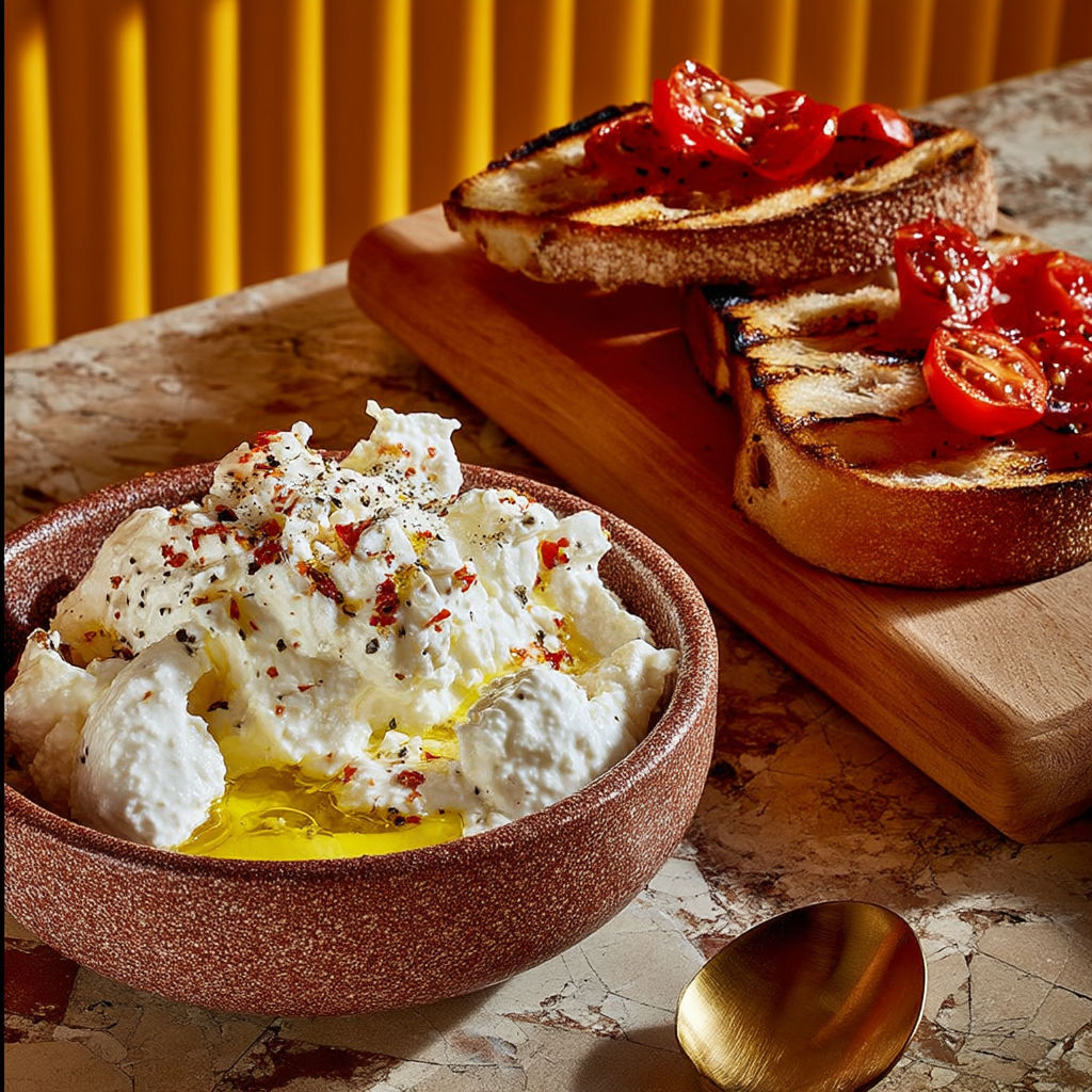 A bowl of white cheese with red peppers and a spoon.