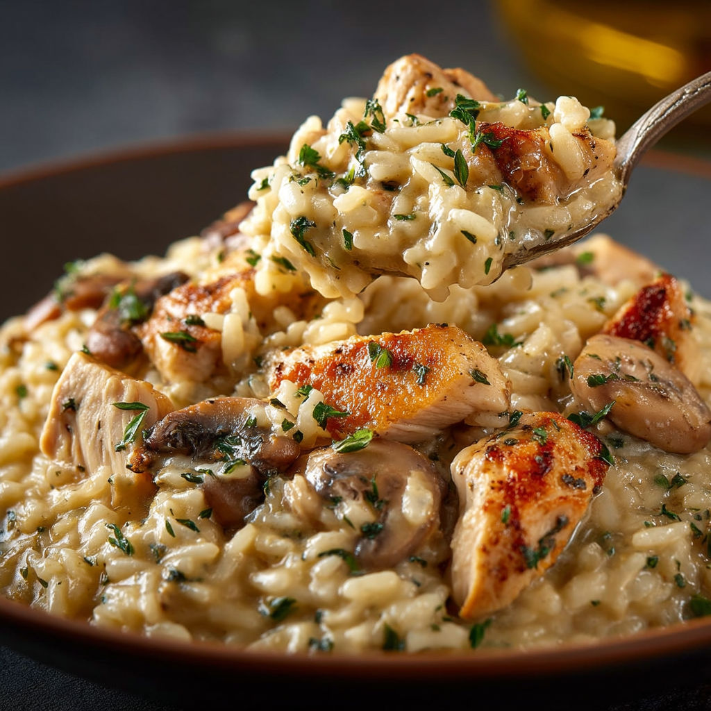 A bowl of rice with chicken and mushrooms.