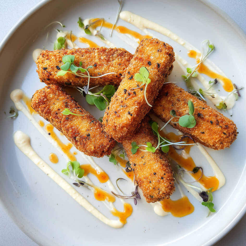 A plate of fried food with a sauce on top.
