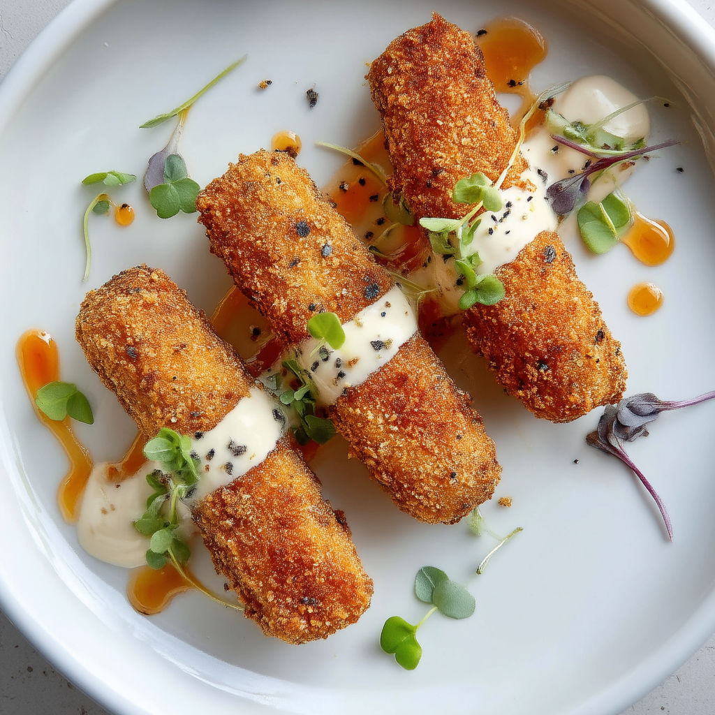 A plate of food with a sauce on top.