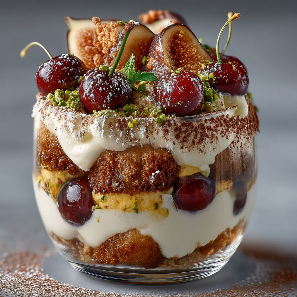 A bowl of Italian dessert with figs and cherries.