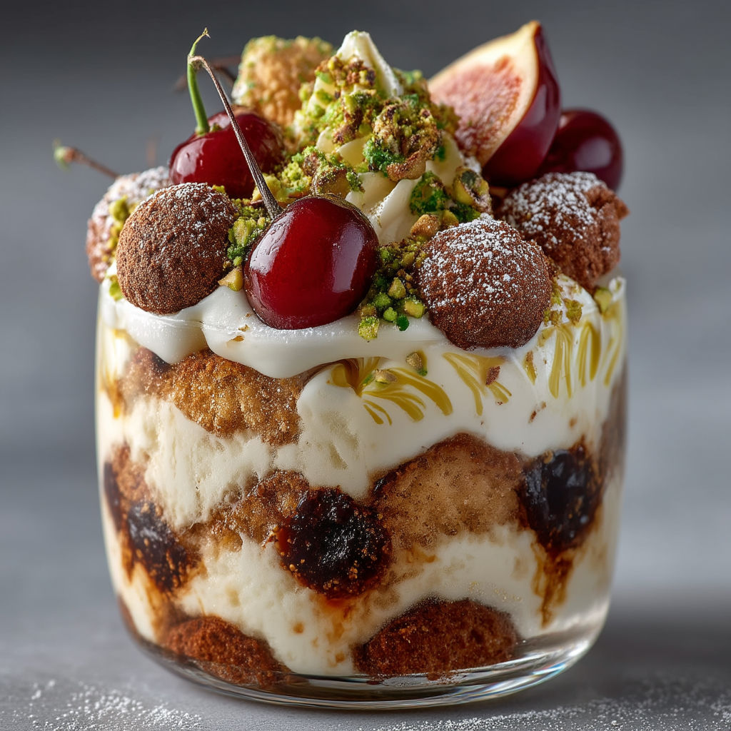 A dessert in a glass cup with fruit and nuts.