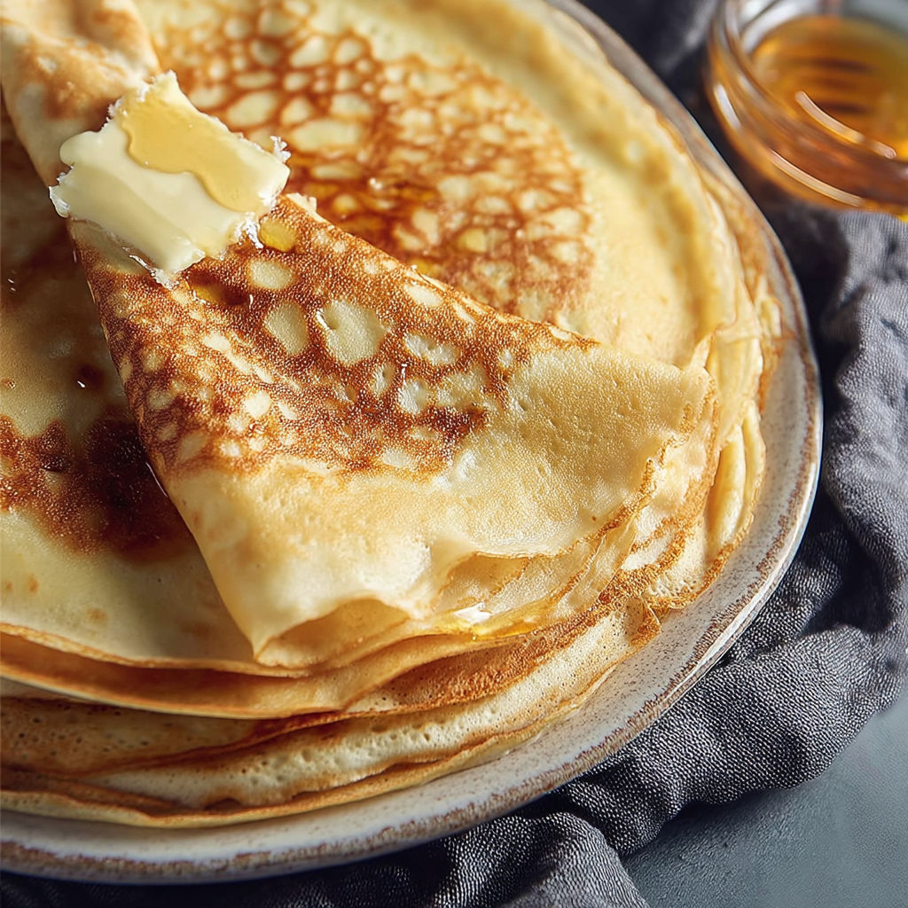 A stack of pancakes with butter on top.