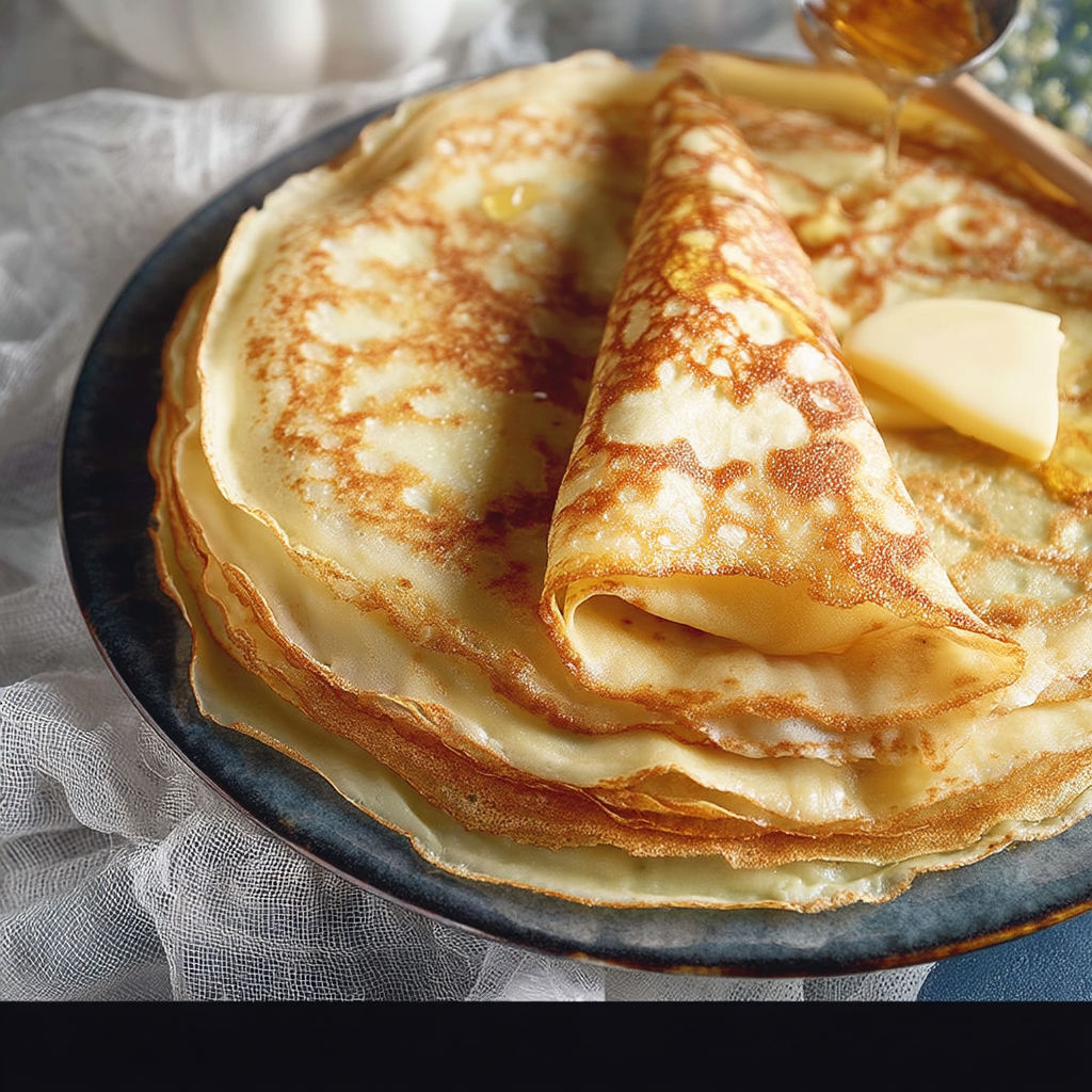 A stack of pancakes with syrup on top.
