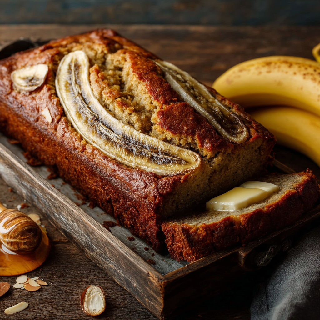 A loaf of bread with bananas on top.