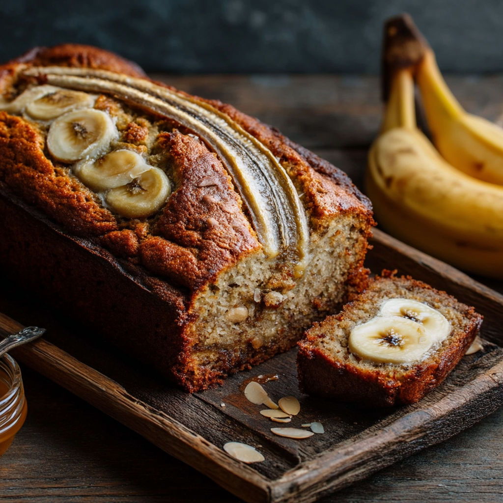A loaf of banana bread with a slice cut out.