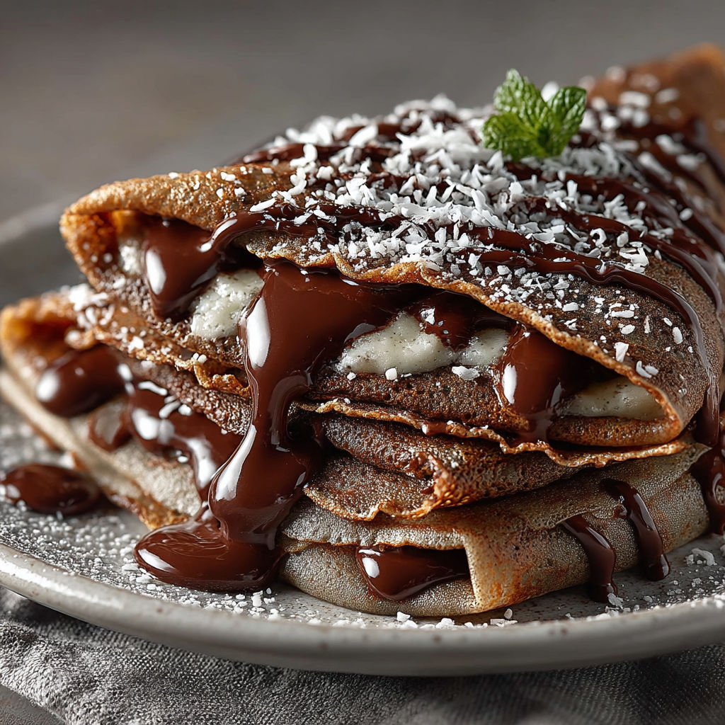 A stack of chocolate covered crepes.