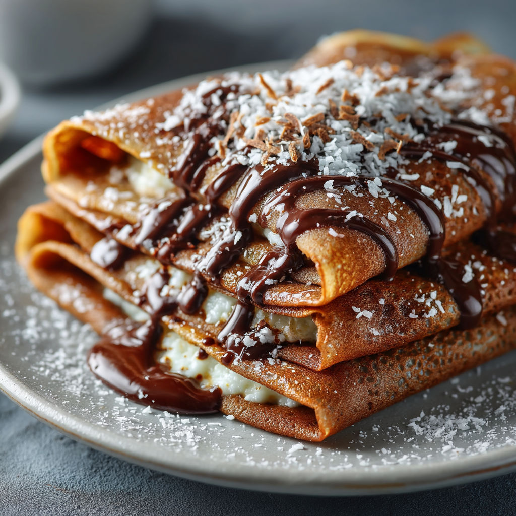 A plate of food with chocolate drizzled on top.
