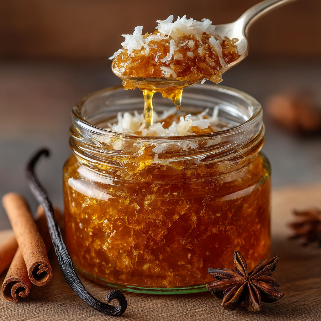 A jar of honey with a spoon in it.