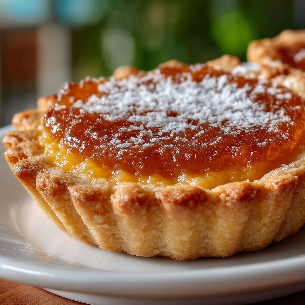 A pastry with a golden brown crust and a white powdered sugar topping.