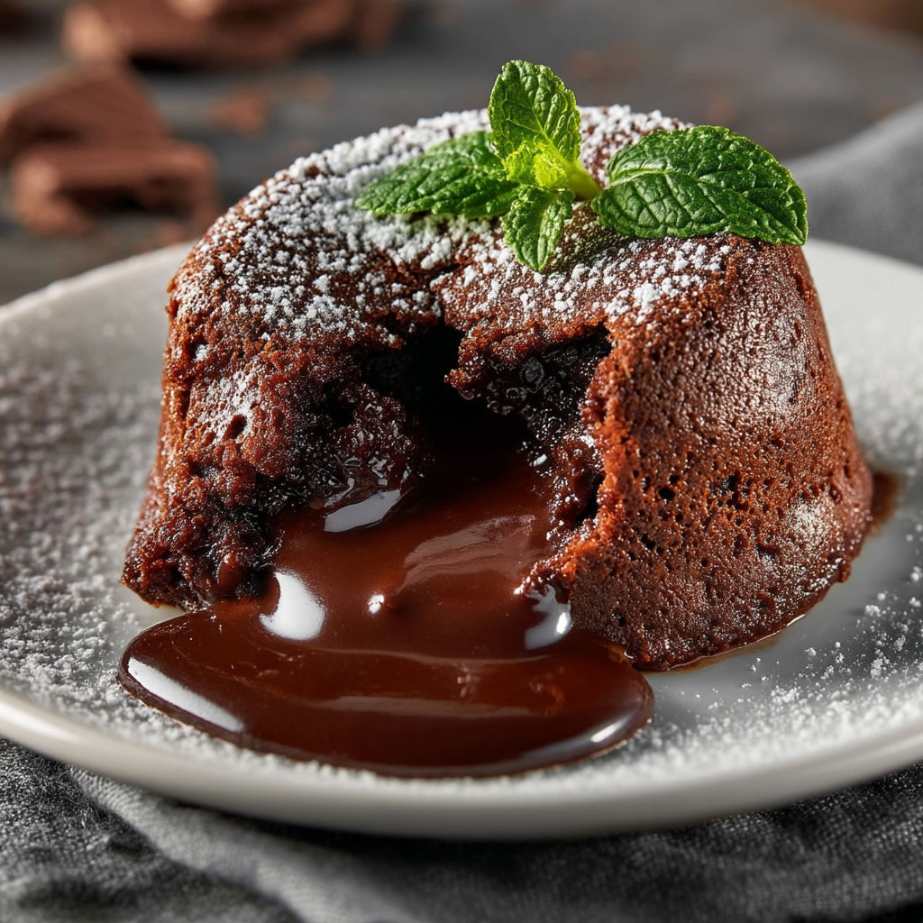 A chocolate cake with a green mint leaf on top.