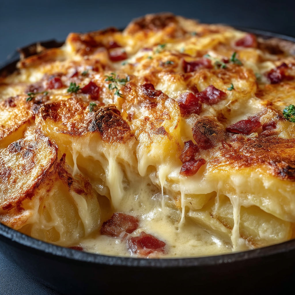 A close up of a delicious bacon and cheese casserole.