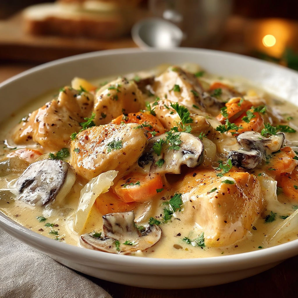 A bowl of food with chicken, mushrooms, and carrots.