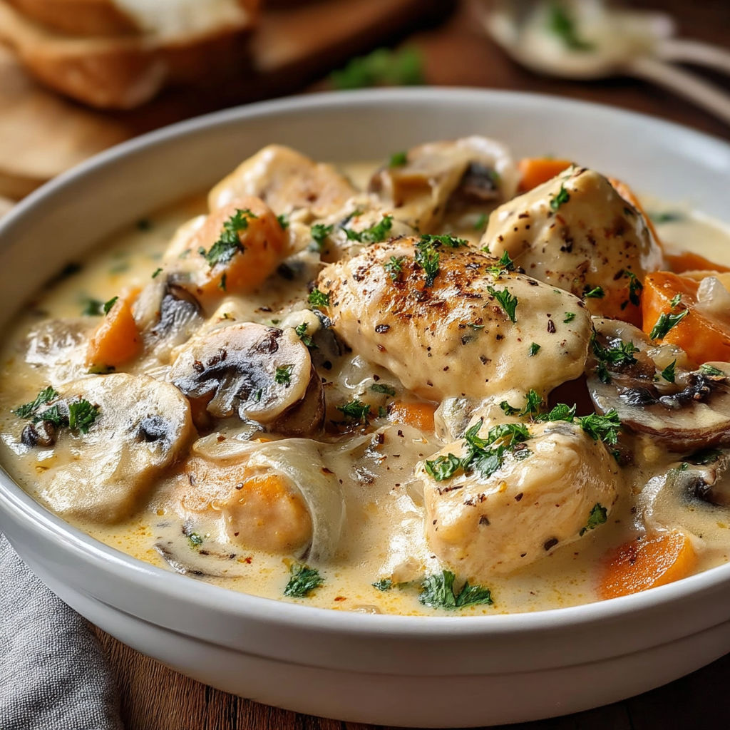 A bowl of food with mushrooms and carrots.