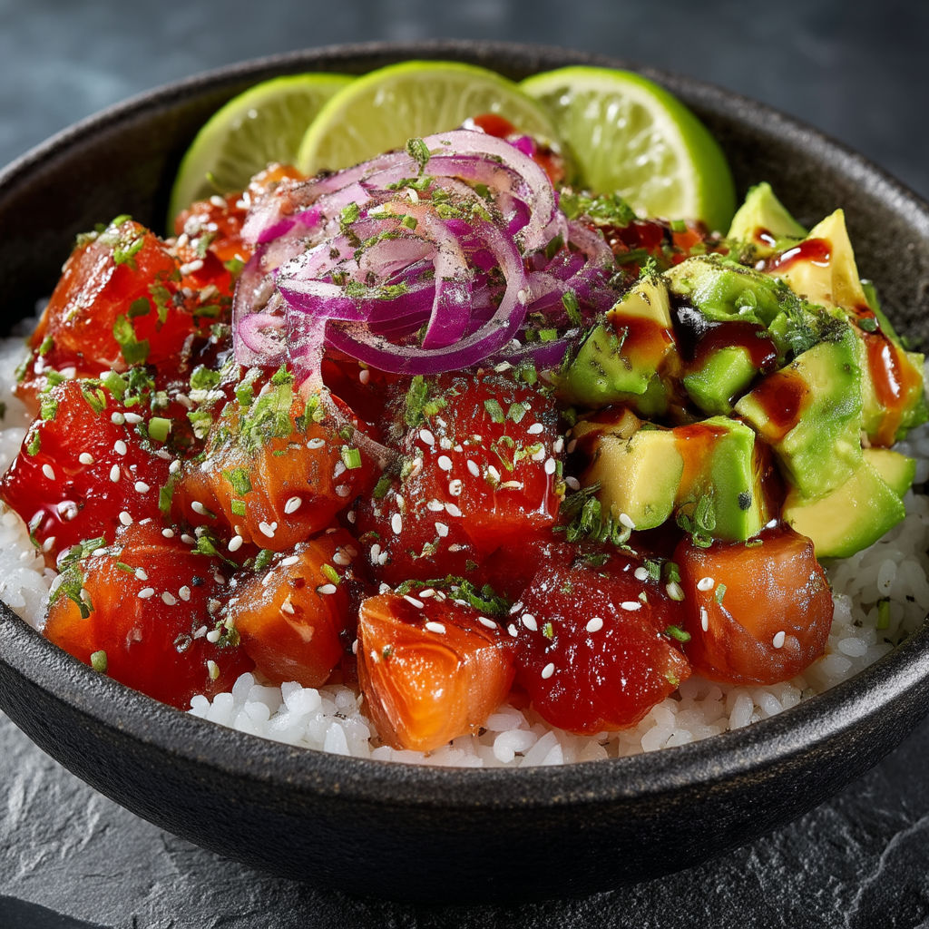 A bowl of poke with salmon, avocado, and onions.