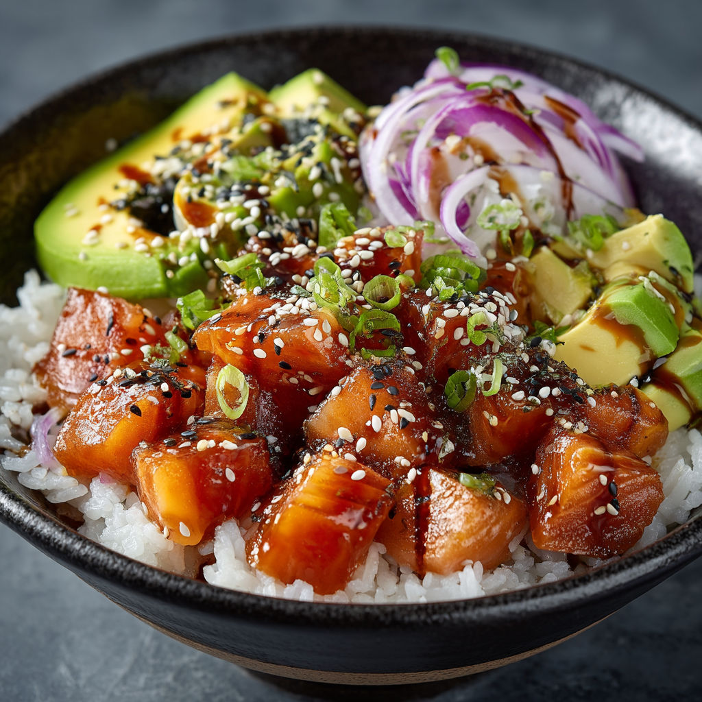 A bowl of food with rice, avocado, onions, and meat.