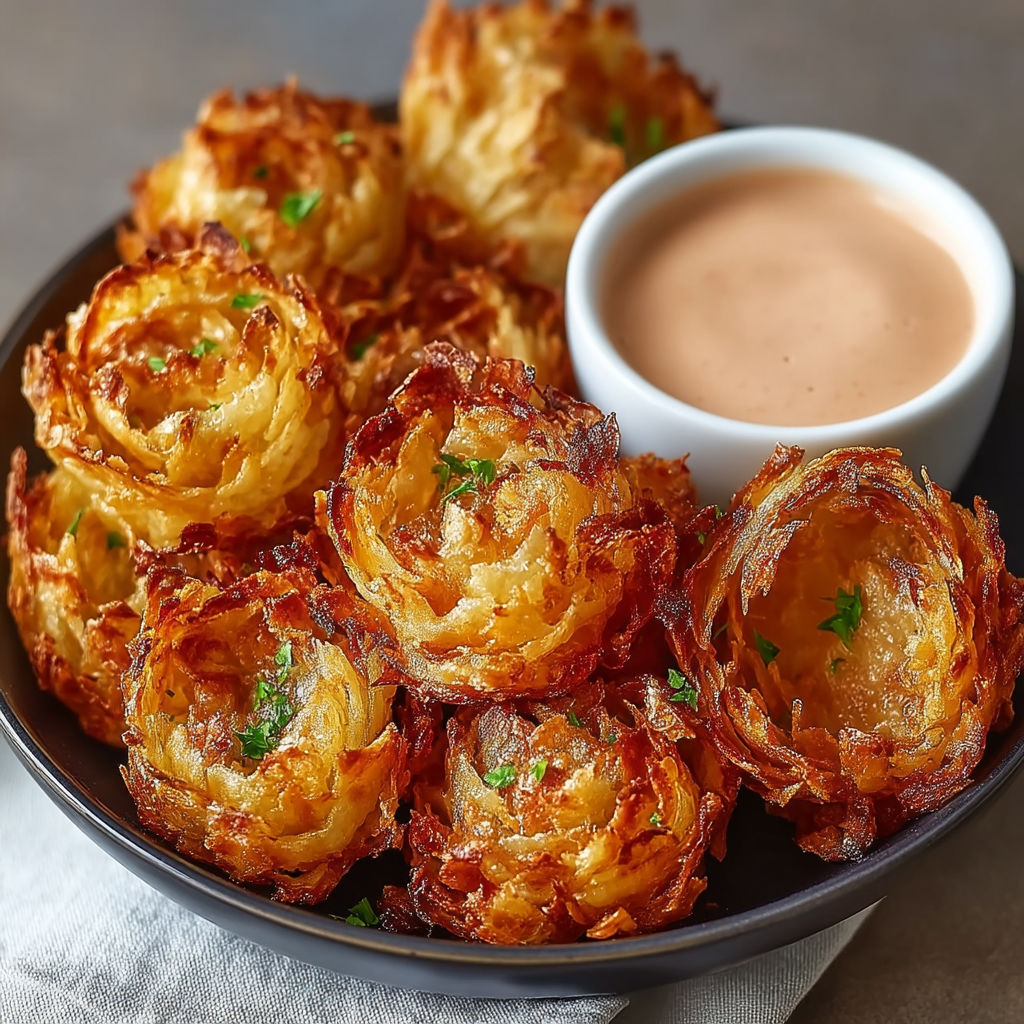 A plate of fried onion rings with a dipping sauce.