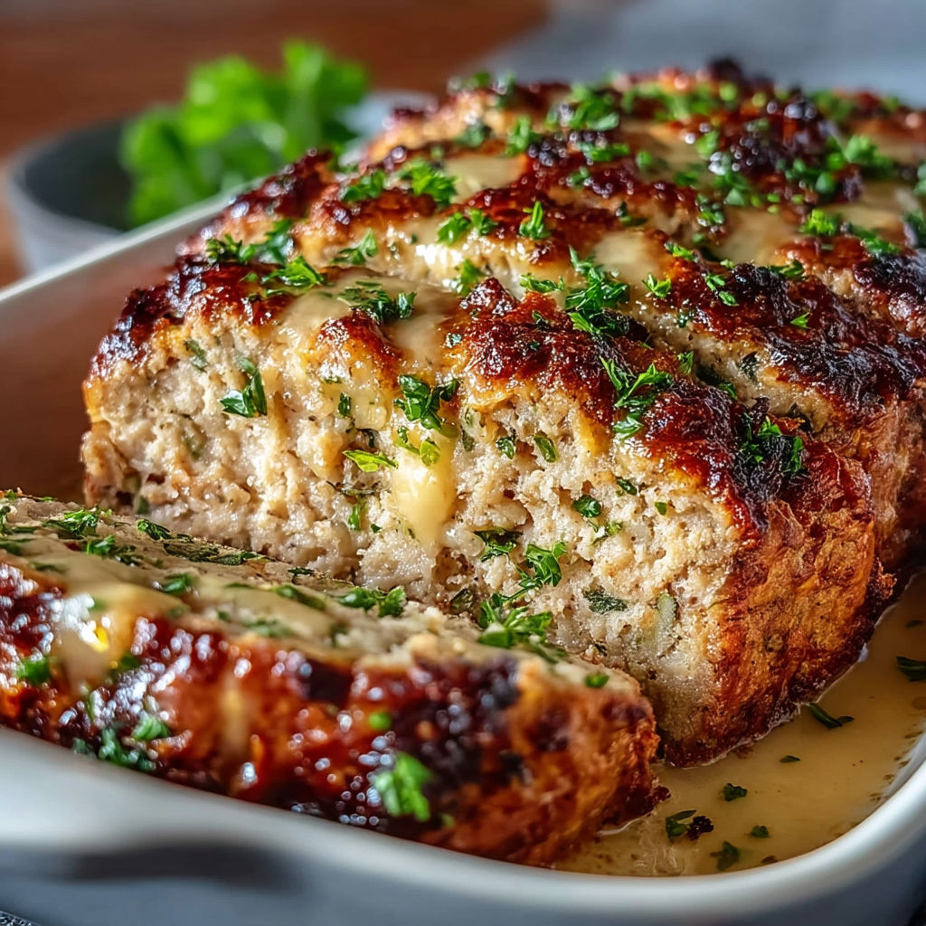 A dish of meat covered in cheese and herbs.