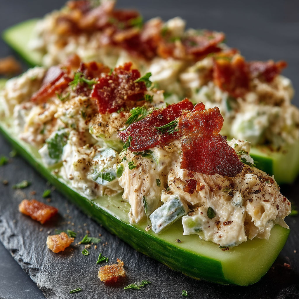 A slice of cucumber with bacon bits on top.