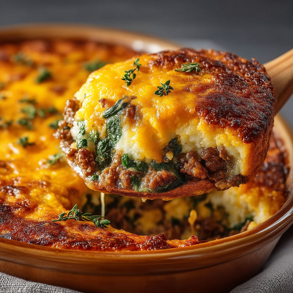 A slice of casserole with a spoon in it.