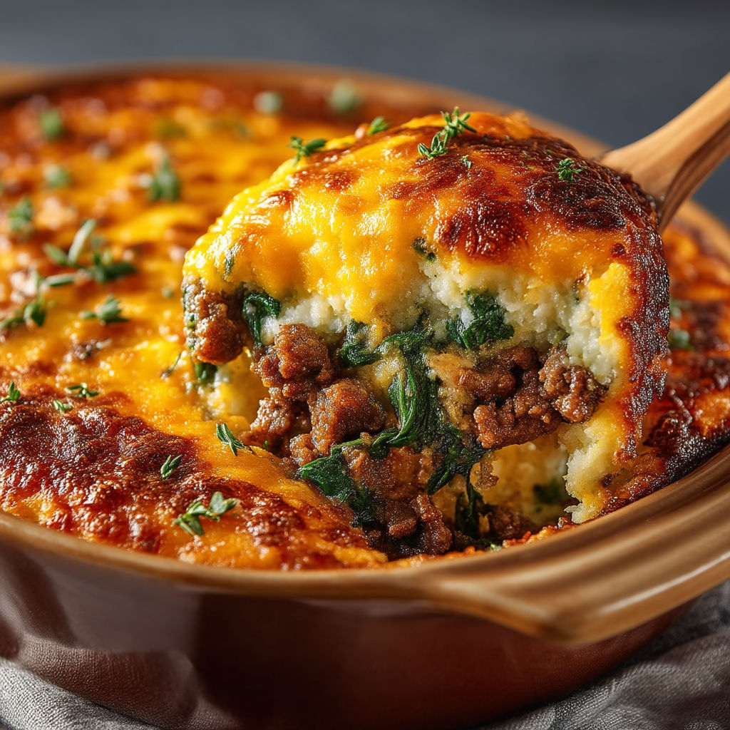 A close up of a casserole dish with meat and vegetables.