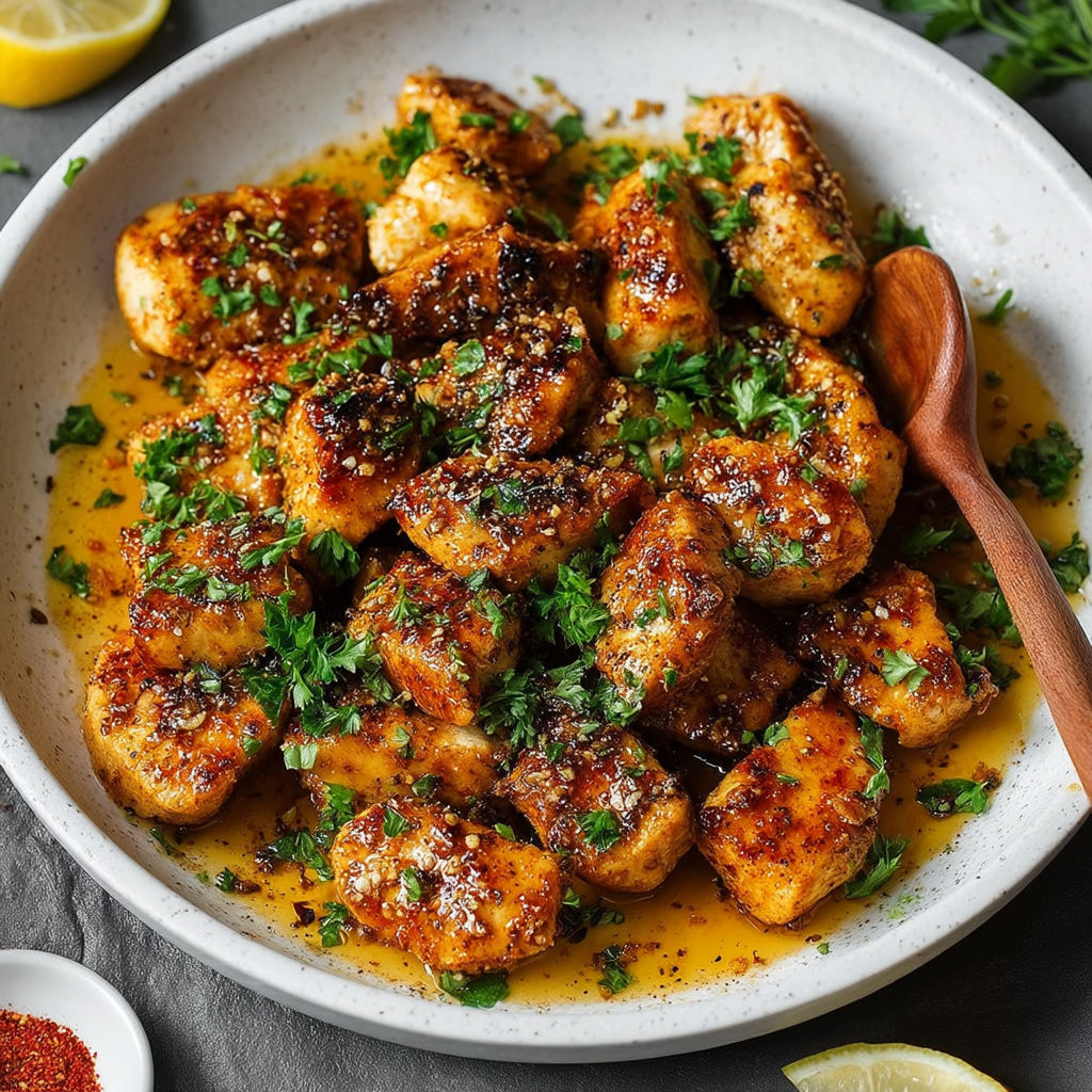 A bowl of chicken with a wooden spoon.