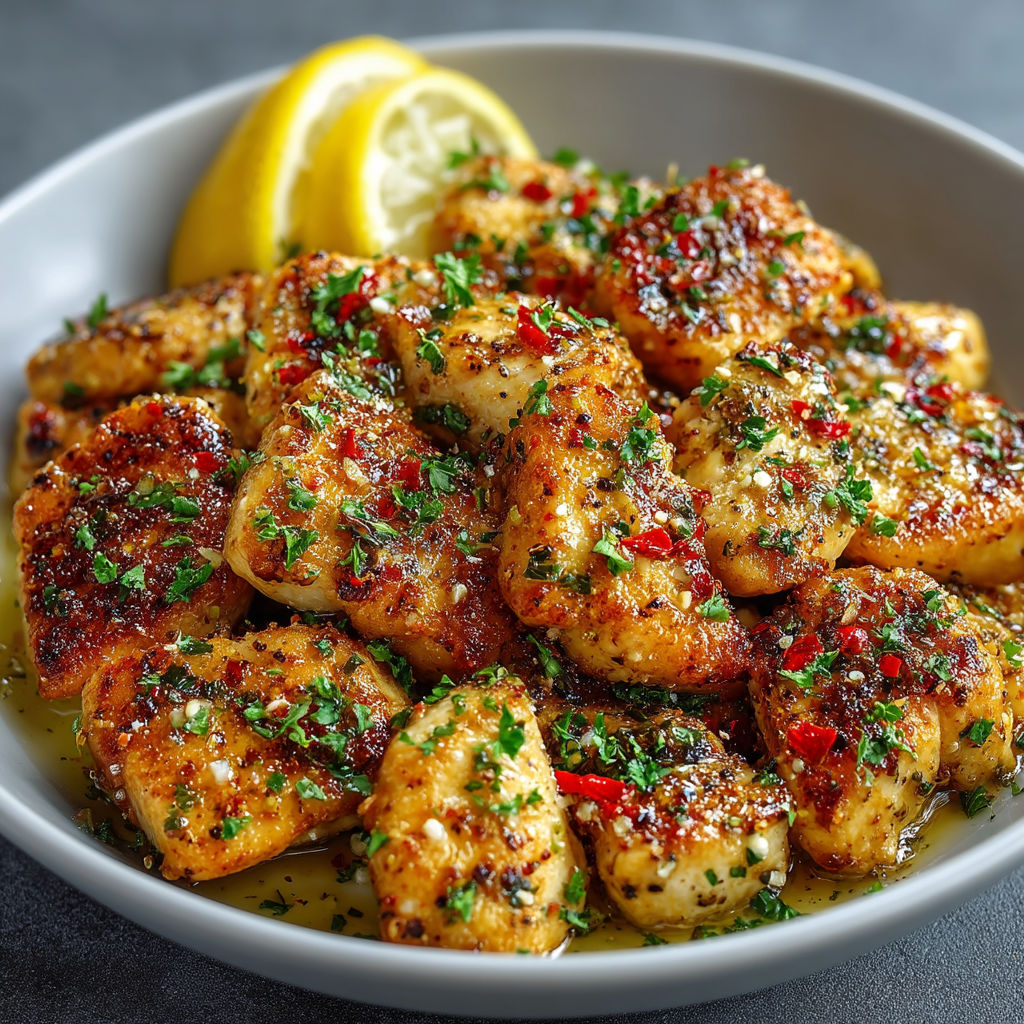 A bowl of food with a lemon wedge on top.