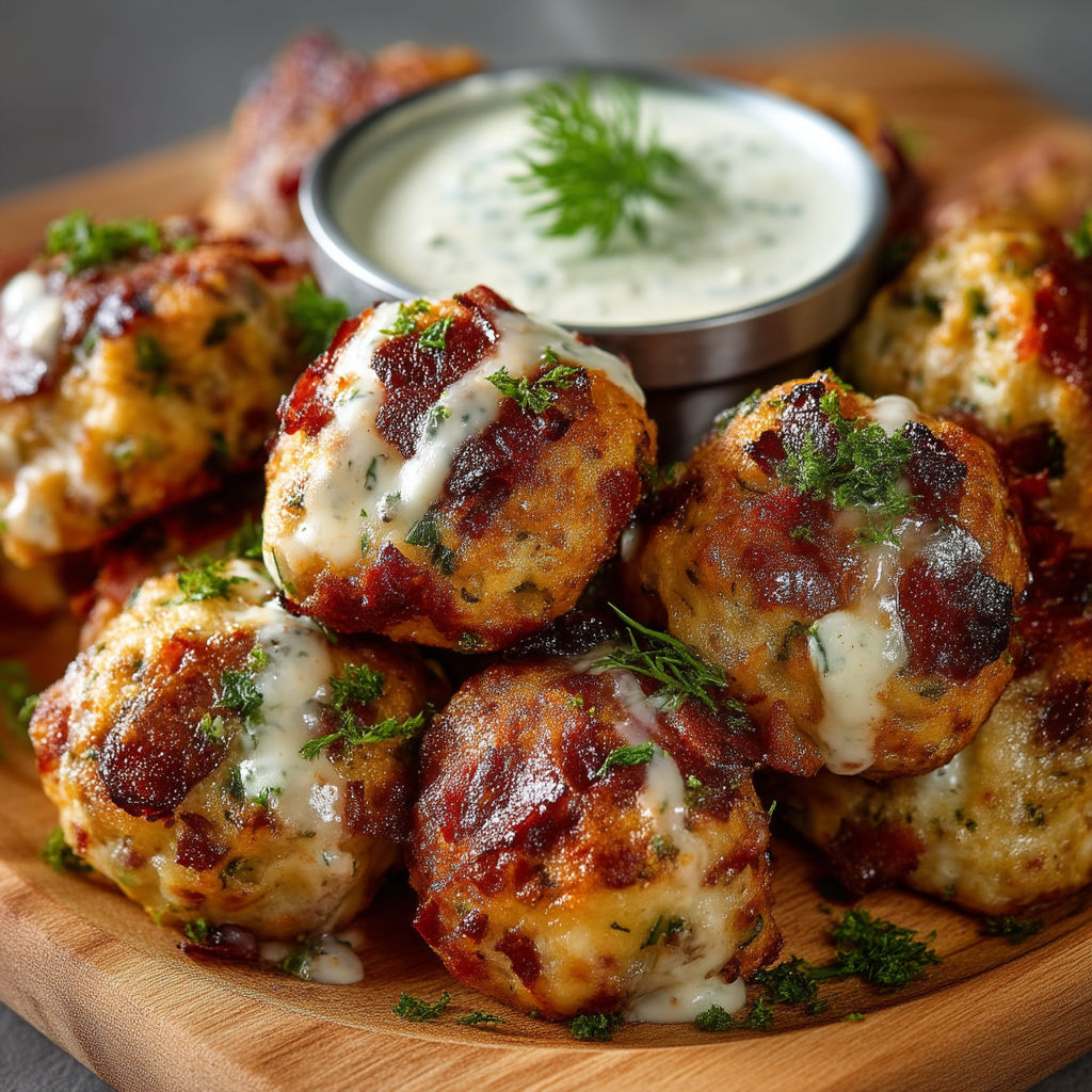A plate of meatballs with a dipping sauce.