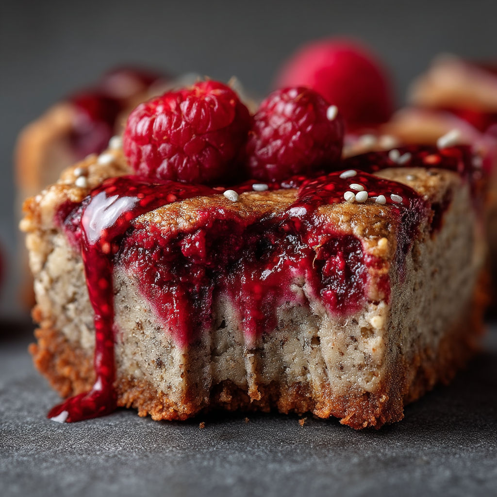 A slice of cake with raspberries on top.