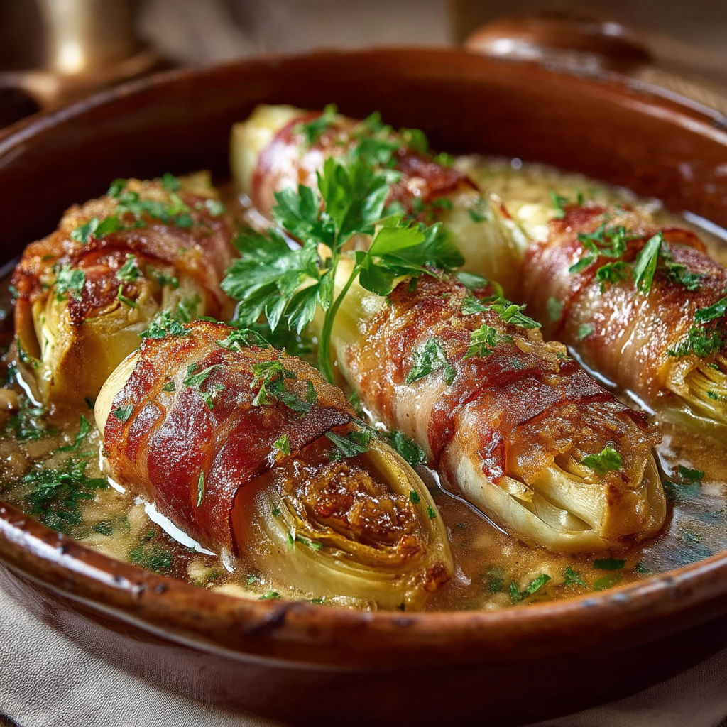 A dish of endives braisées à la bière et beurre d'amandes.