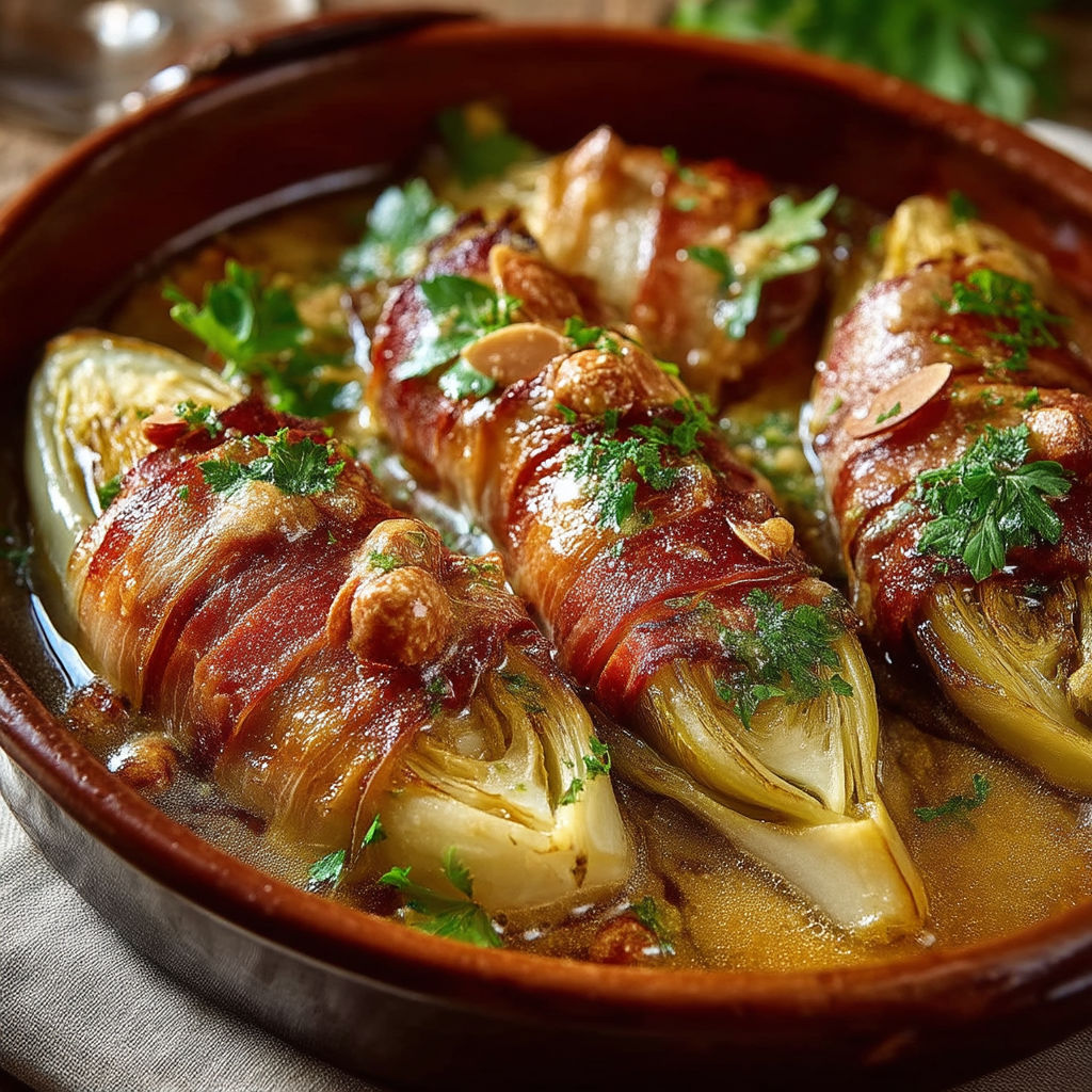A plate of food with bacon wrapped around endives.